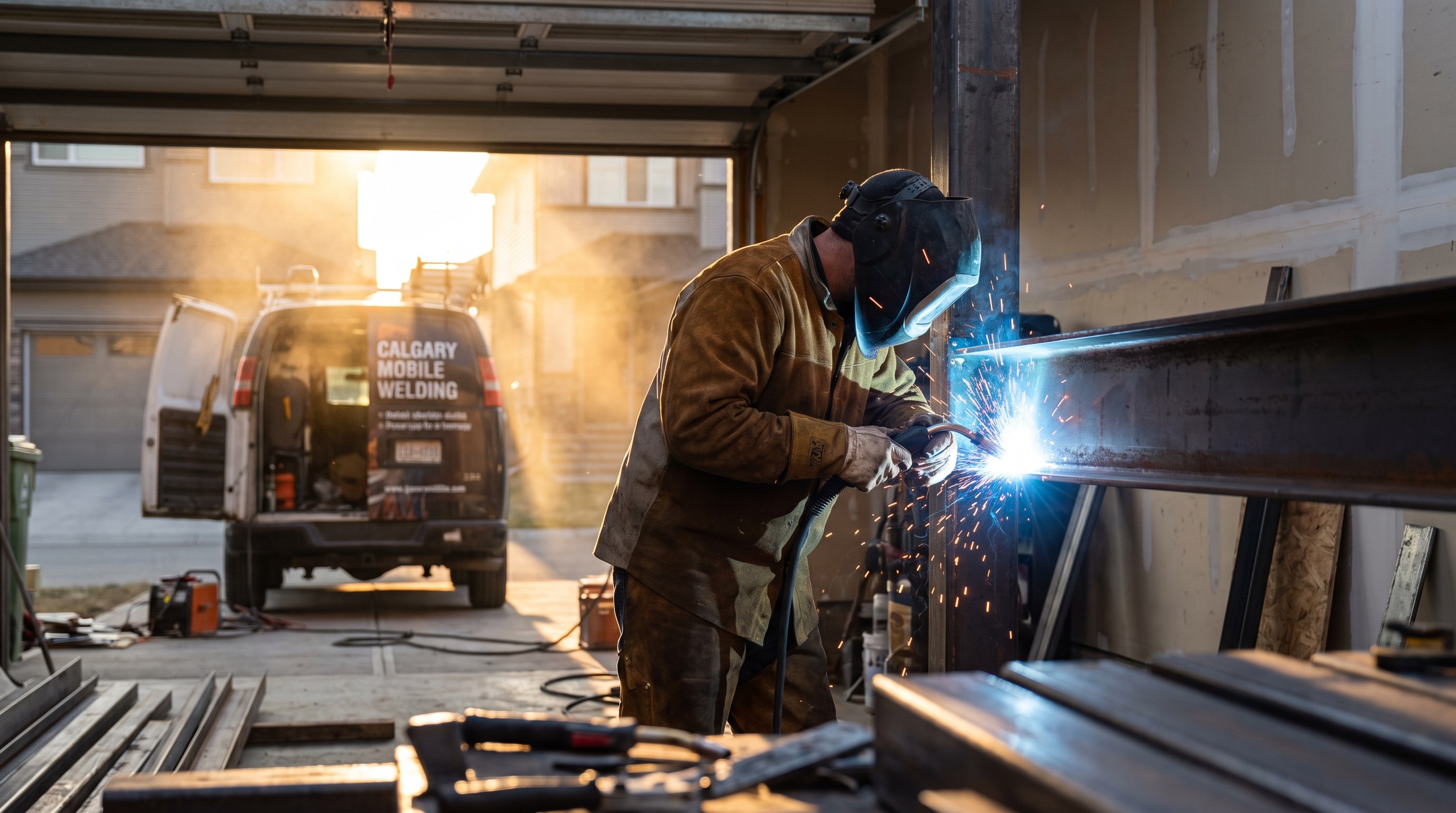 A Calgary mobile welder in protective gear, mid-Tig weld on a steel trailer frame, sparks falling, on-site in a residential driveway, golden hour light